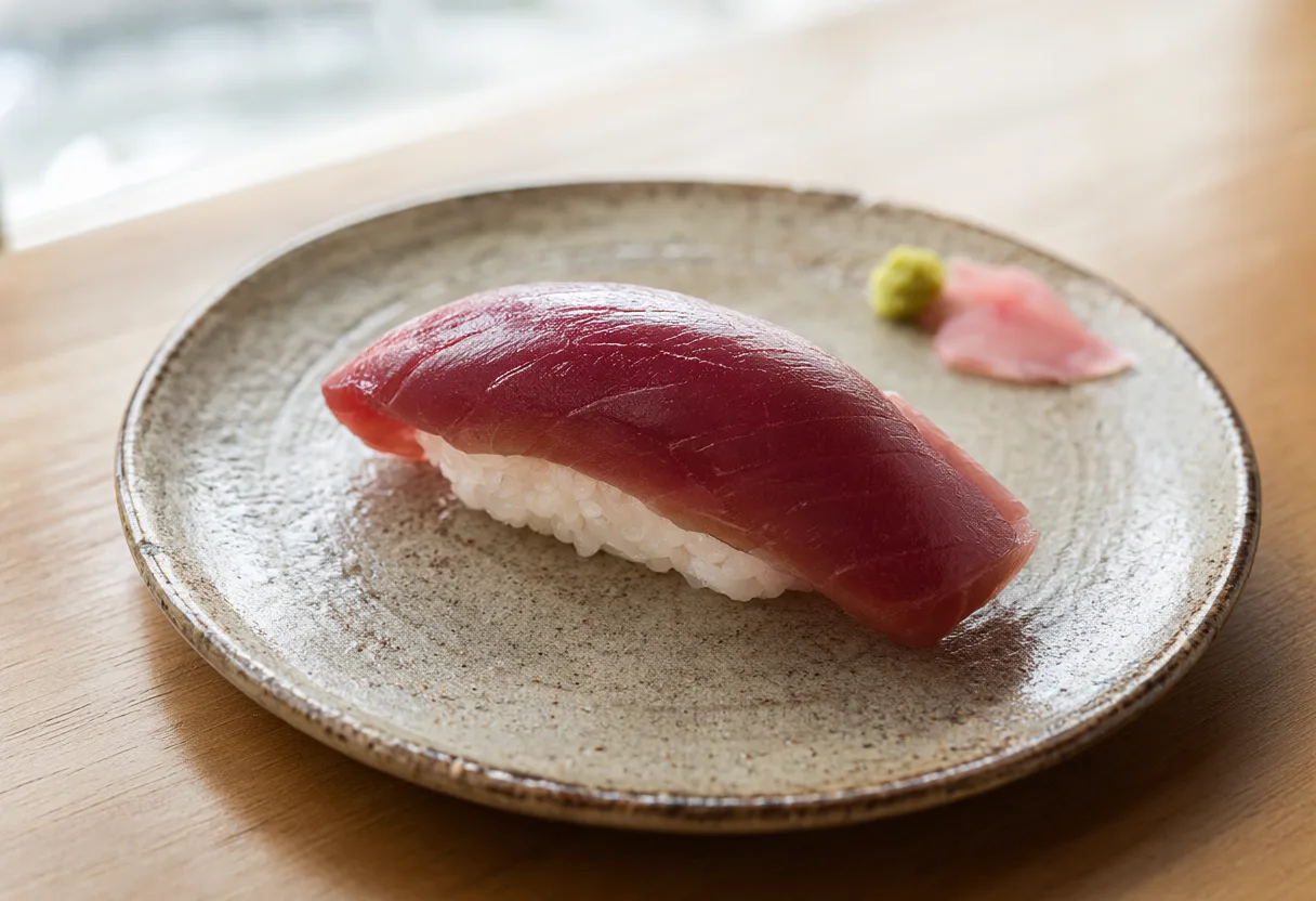 Fresh tuna nigiri sushi on a handcrafted ceramic plate (AI-generated)