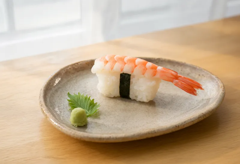 Fresh shrimp nigiri sushi on a handcrafted ceramic plate (AI-generated)