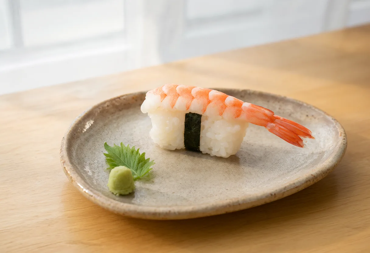 Fresh shrimp nigiri sushi on a handcrafted ceramic plate (AI-generated)