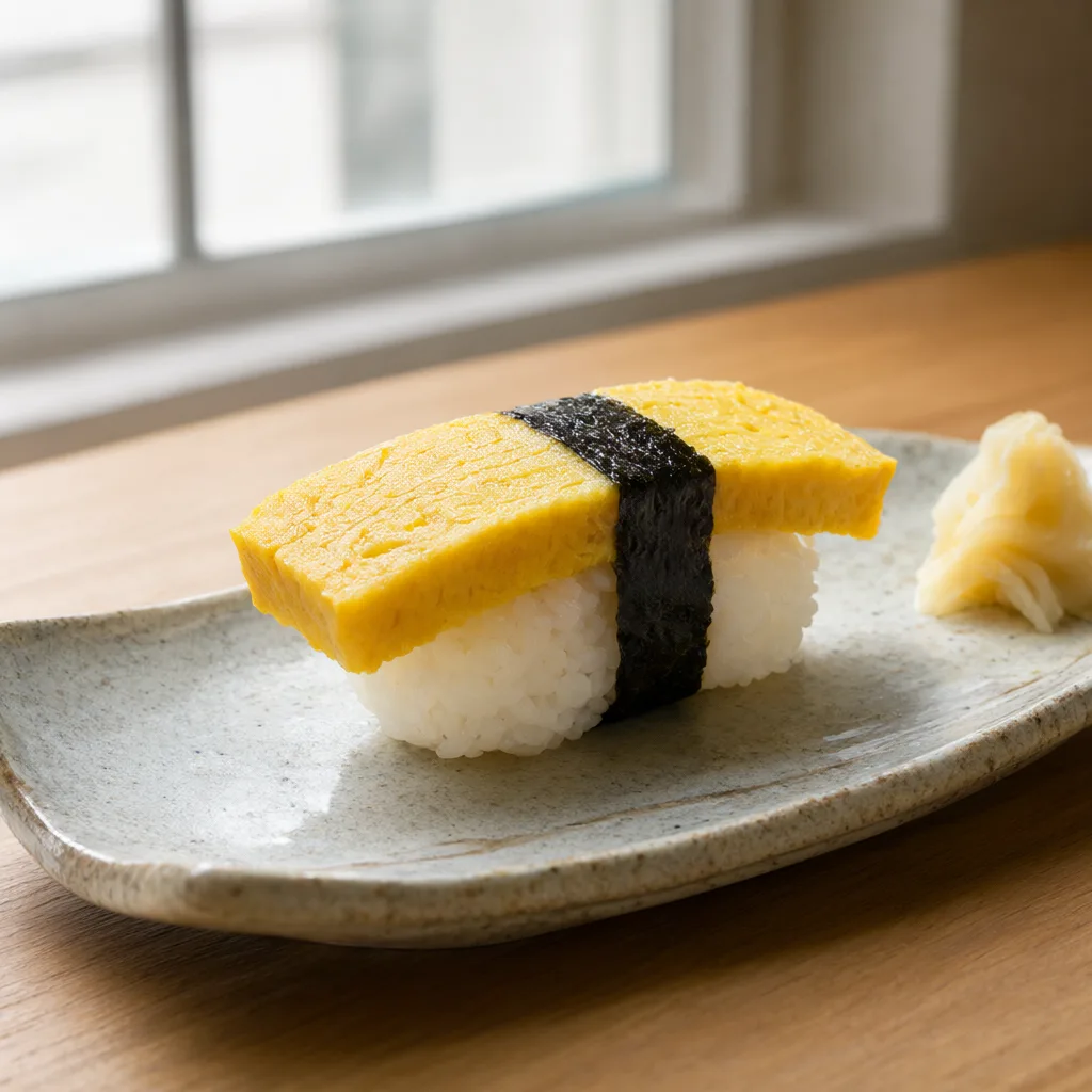 Golden tamago nigiri sushi on a handcrafted ceramic plate (AI-generated)