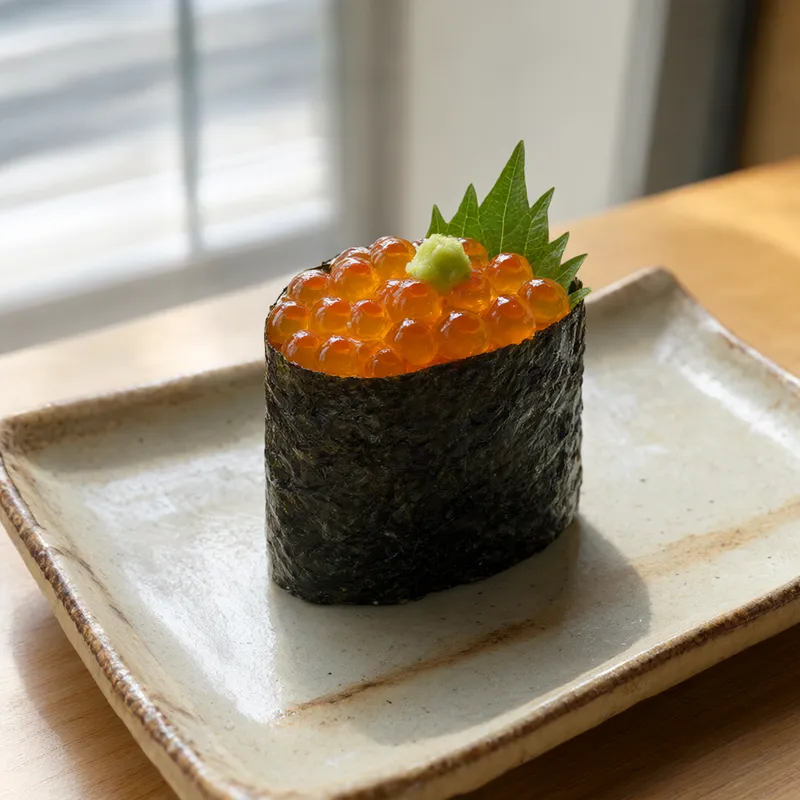Glossy ikura gunkan sushi on a handcrafted ceramic plate (AI-generated)