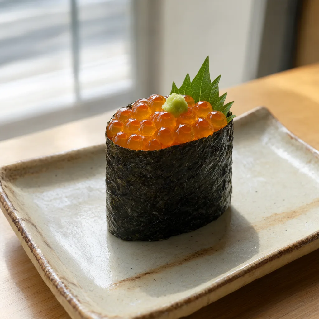 Glossy ikura gunkan sushi on a handcrafted ceramic plate (AI-generated)