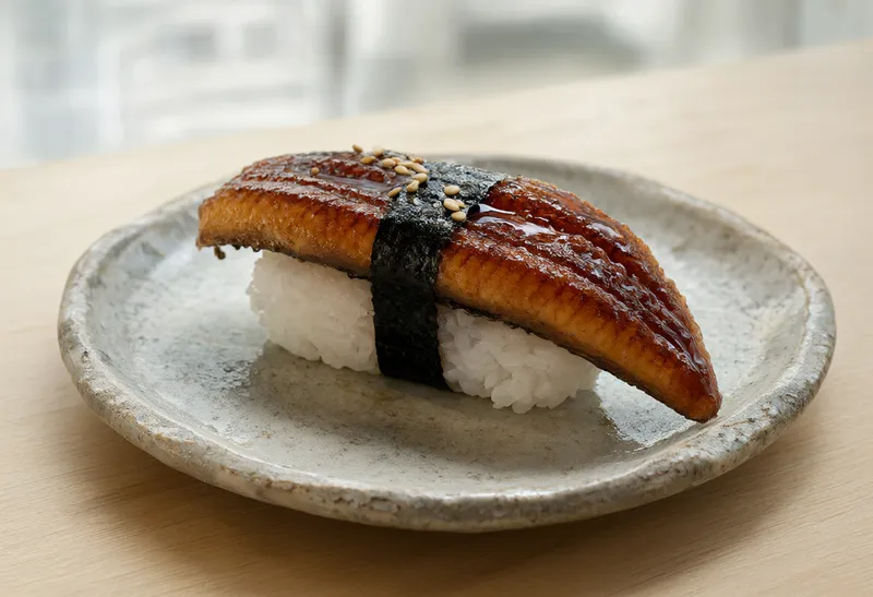 Grilled unagi nigiri sushi on a handcrafted ceramic plate (AI-generated)