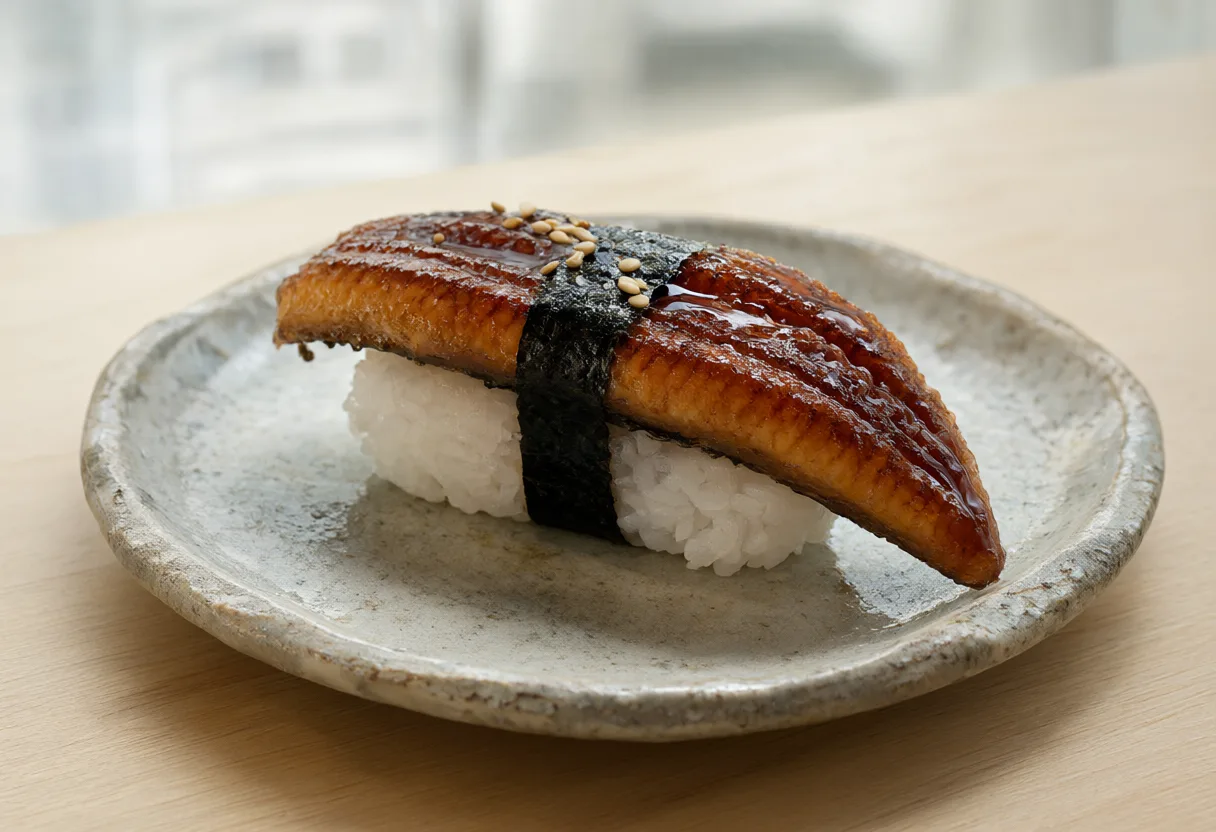 Grilled unagi nigiri sushi on a handcrafted ceramic plate (AI-generated)