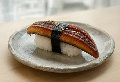 ซูชิปลาไหลย่างอุนางิบนจานเซรามิก (สร้างด้วย AI)