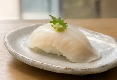 ซูชิหอยเชลล์สดบนจานเซรามิก (สร้างด้วย AI)