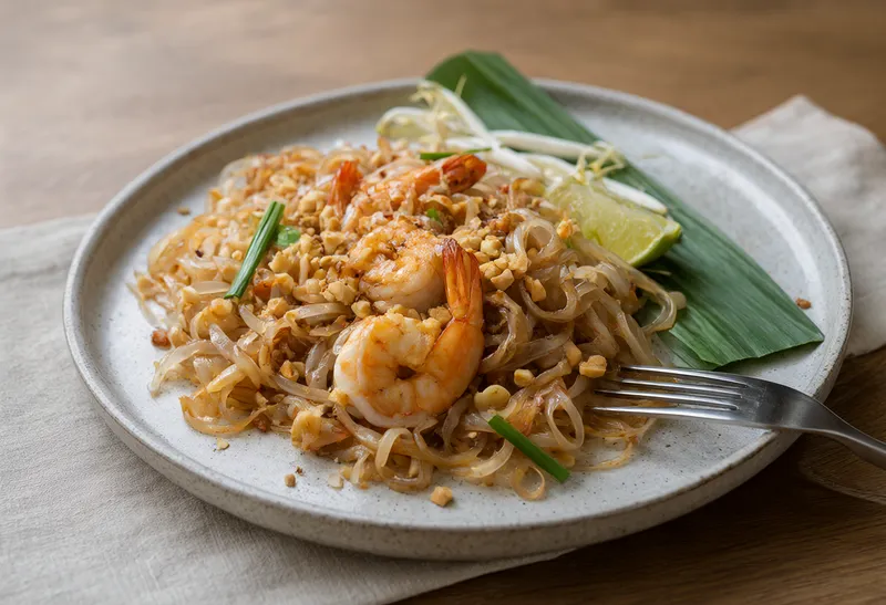 ผัดไทยกุ้งสดกับถั่วลิสงและมะนาวบนจานเซรามิก (สร้างด้วย AI)