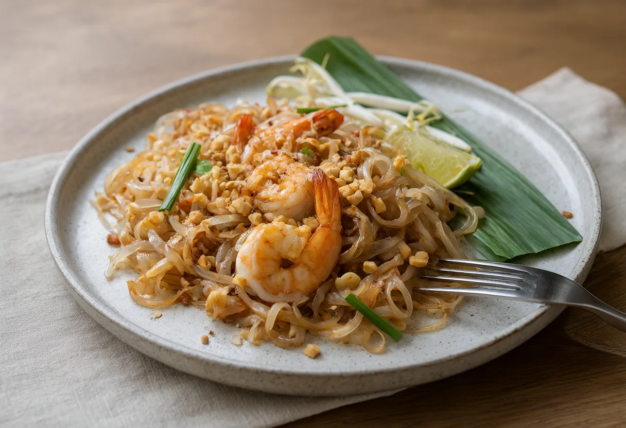 Pad thai with shrimp, peanuts and lime on a ceramic plate (AI-generated)