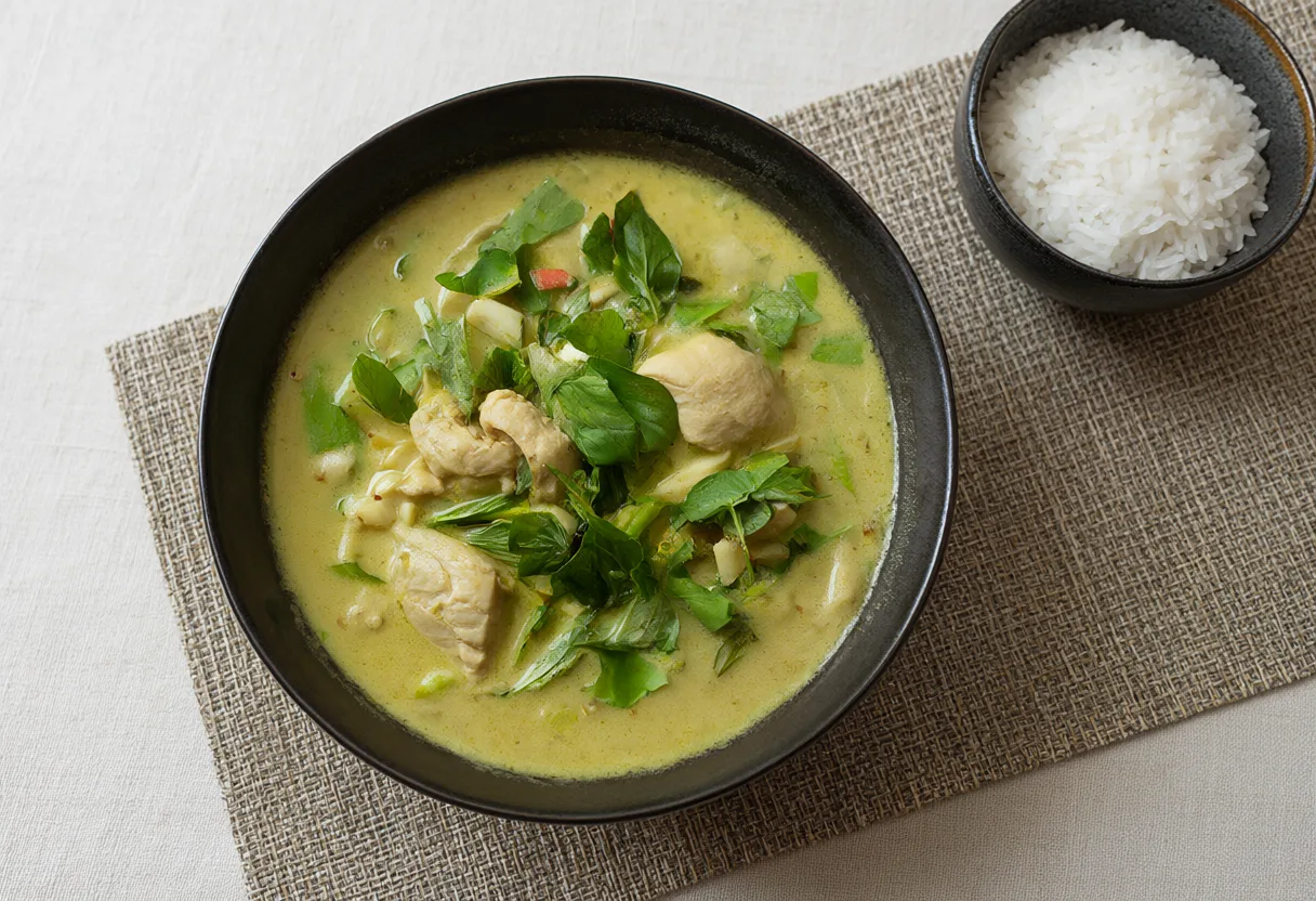 Thai green curry with chicken and jasmine rice (AI-generated)