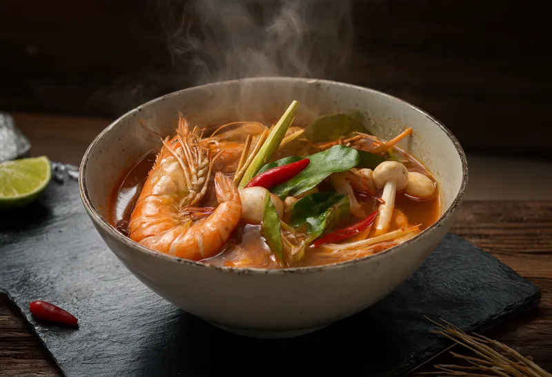 ต้มยำกุ้งพร้อมไอน้ำในชามสีเข้ม (สร้างด้วย AI)