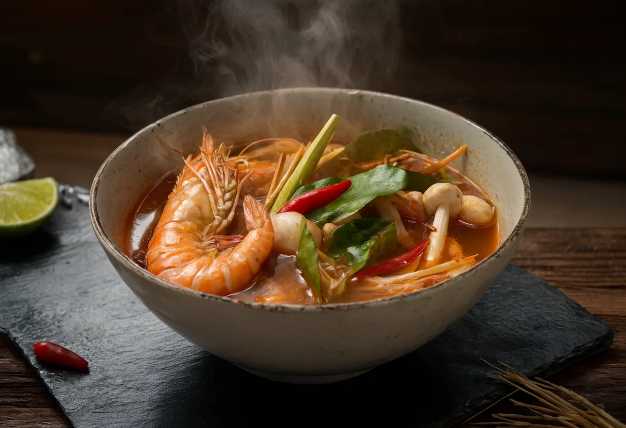 Tom yum goong with prawns and steam in a dark bowl (AI-generated)