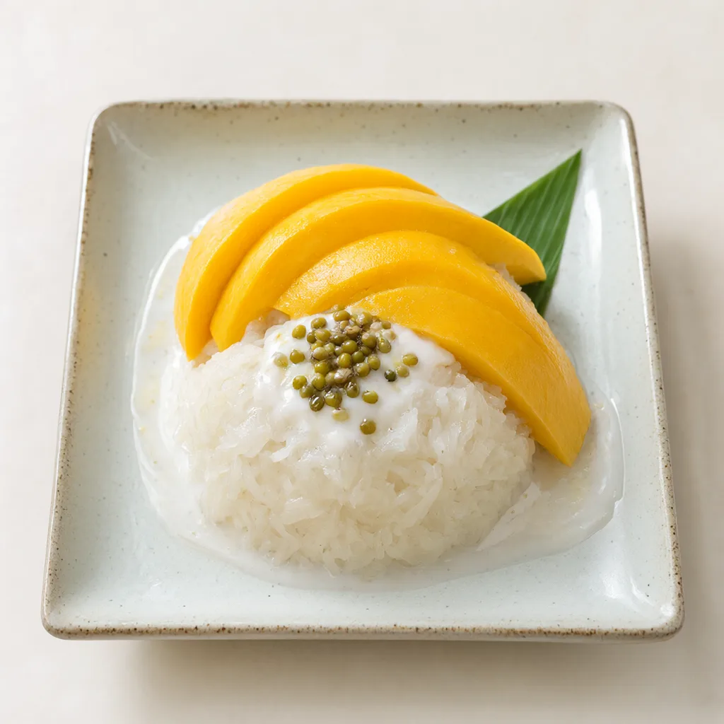 Thai mango sticky rice with coconut cream on a square plate (AI-generated)