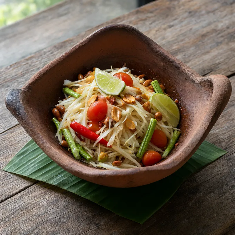 ส้มตำไทยในครกดินเผาสไตล์รัสติก (สร้างด้วย AI)