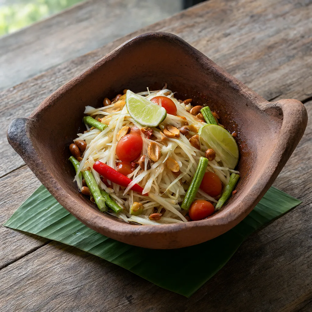 ส้มตำไทยในครกดินเผาสไตล์รัสติก (สร้างด้วย AI)