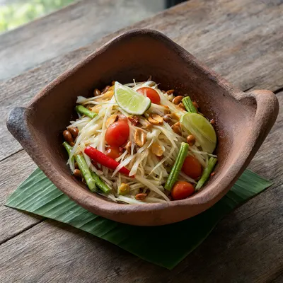 Thai Green Papaya Salad in a Clay Mortar (AI-generated)