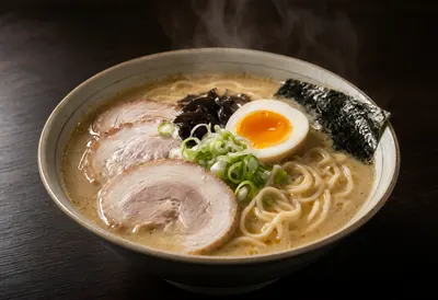 Japanese Pork Ramen with Soft Boiled Egg and Steaming Brothhu Pork (AI-generated)