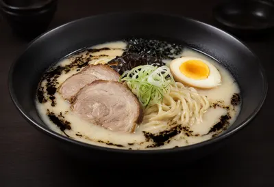 Creamy Japanese Ramen with Black Garlic Oil and Pork (AI-generated)