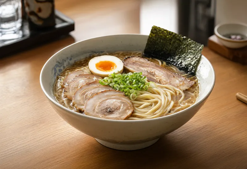 ทงคตสึราเมนน้ำซุปข้น โรยหน้าด้วยหมูชาชูสไลซ์ ต้นหอม สาหร่าย และไข่ต้มยางมะตูมในชามเซรามิก (สร้างด้วย AI)
