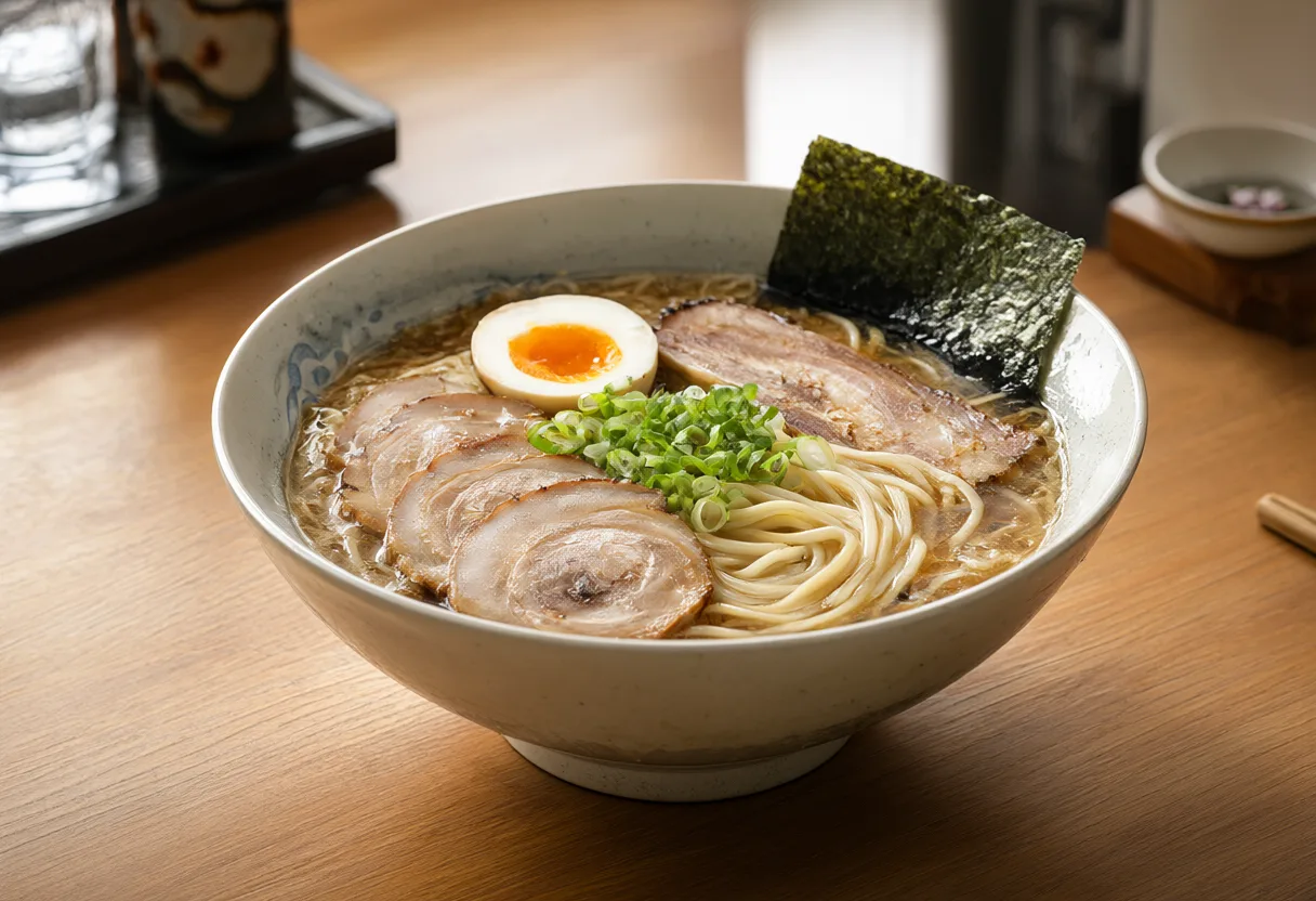 ทงคตสึราเมนน้ำซุปข้น โรยหน้าด้วยหมูชาชูสไลซ์ ต้นหอม สาหร่าย และไข่ต้มยางมะตูมในชามเซรามิก (สร้างด้วย AI)