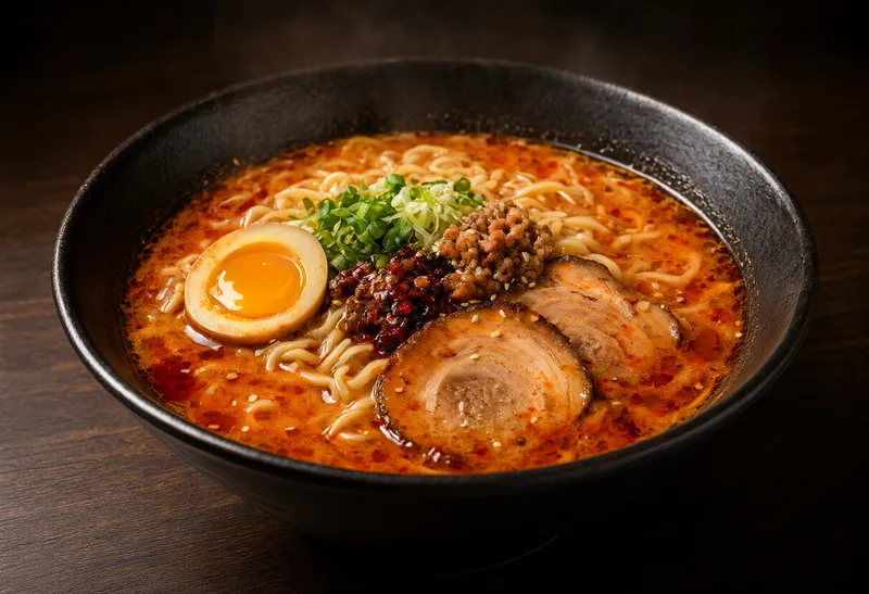 ราเมนญี่ปุ่นรสเผ็ดพร้อมหมูสไลซ์ หมูสับ ต้นหอม น้ำมันพริก และไข่ต้มยางมะตูมในชามสีดำ (สร้างด้วย AI)