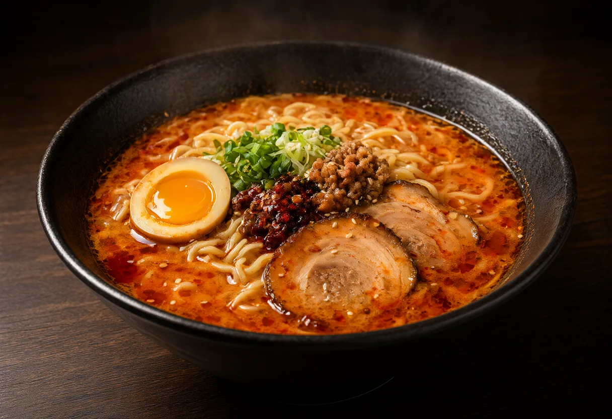 Spicy Japanese ramen with sliced pork, minced meat, green onions, chili oil, and a soft boiled egg in a black bowl (AI-generated)