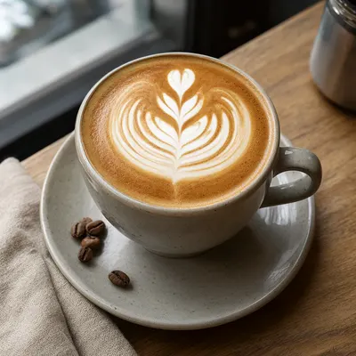 Latte with Rosetta Art in a Ceramic Cup (AI-generated)
