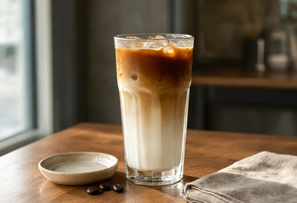 Iced latte in a tall glass with layered espresso and milk (AI-generated)