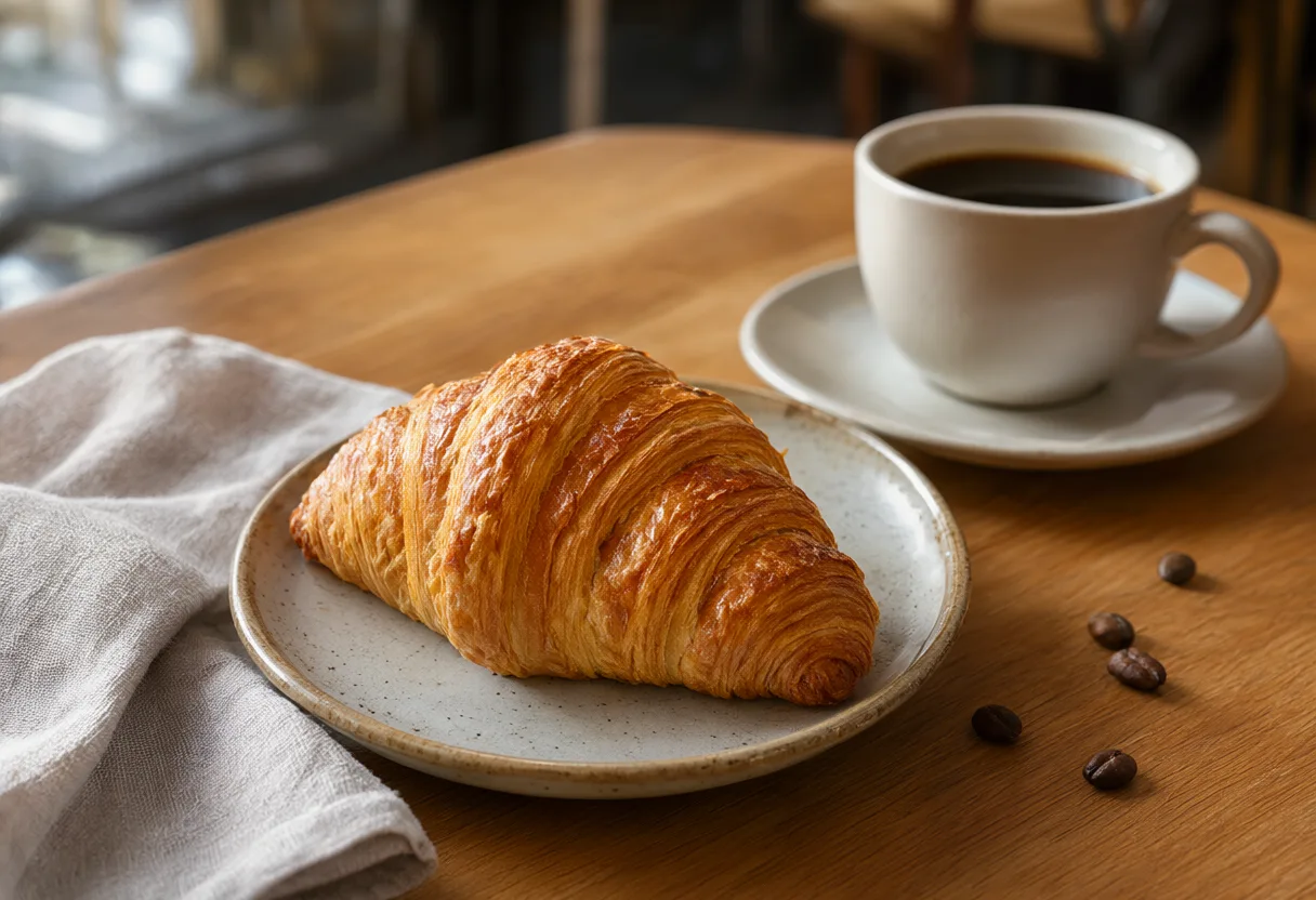 Butter croissant and black coffee on a wooden café table (AI-generated)