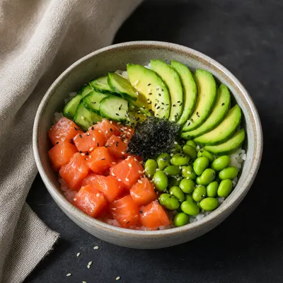 Salmon Poke Bowl with Avocado and Edamame (AI-generated)