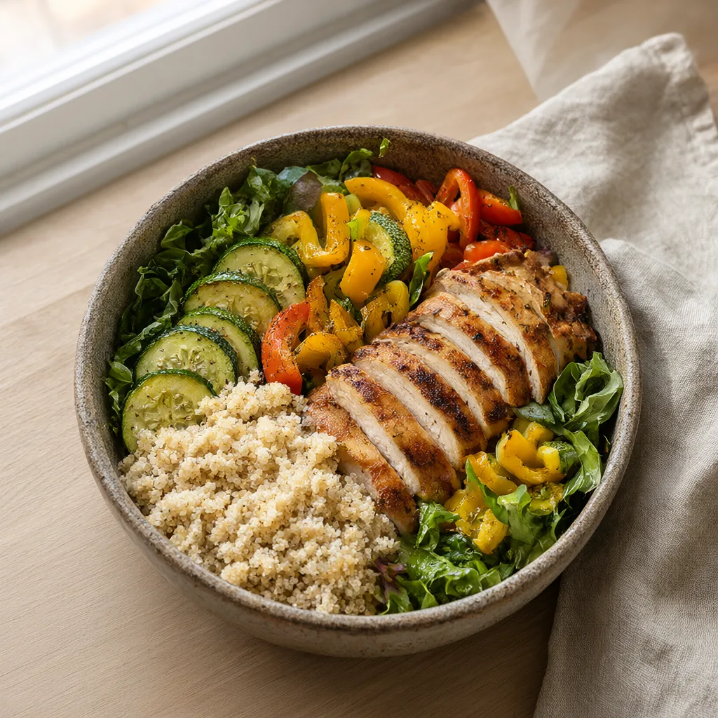 Chicken quinoa grain bowl with roasted vegetables (AI-generated)