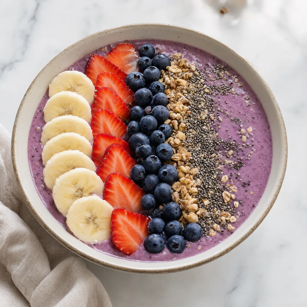 Berry smoothie bowl with granola, banana and blueberries (AI-generated)