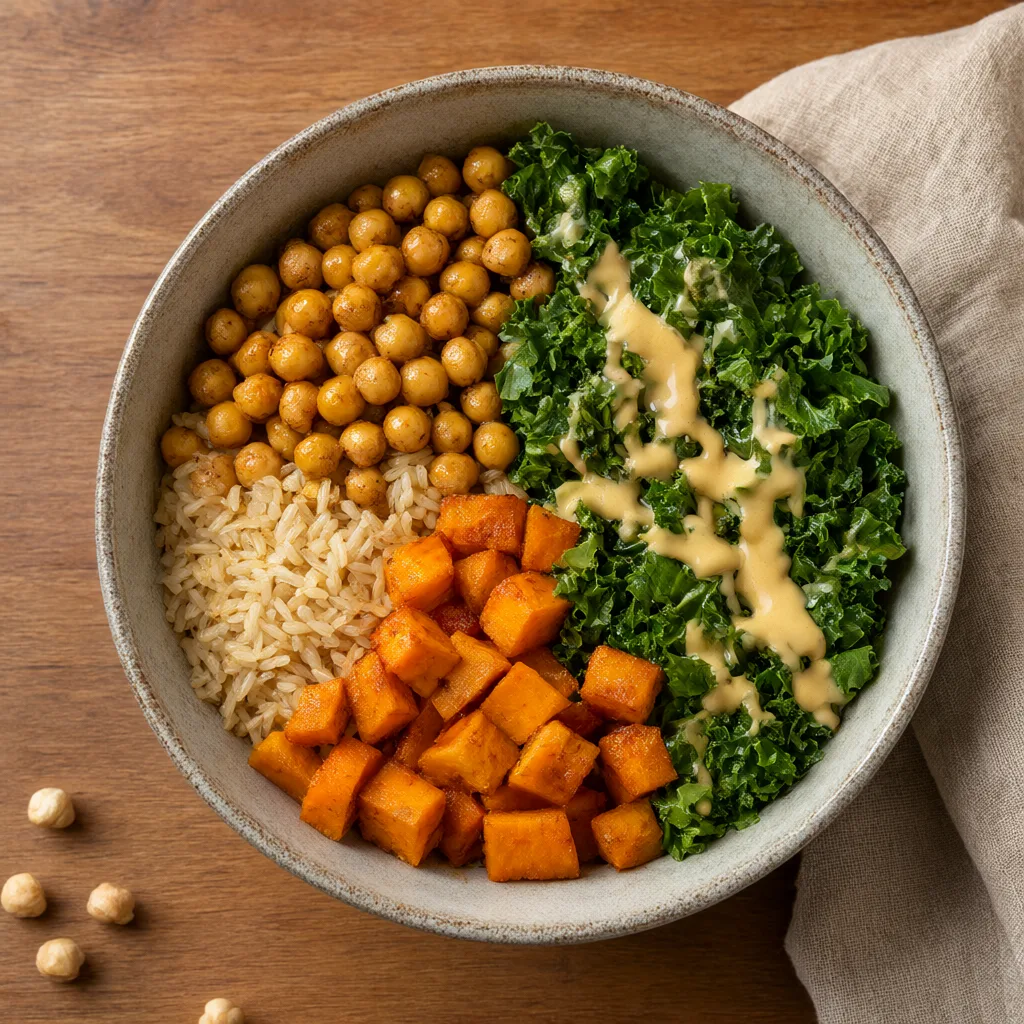 Colorful Buddha bowl with chickpeas, sweet potato and tahini (AI-generated)