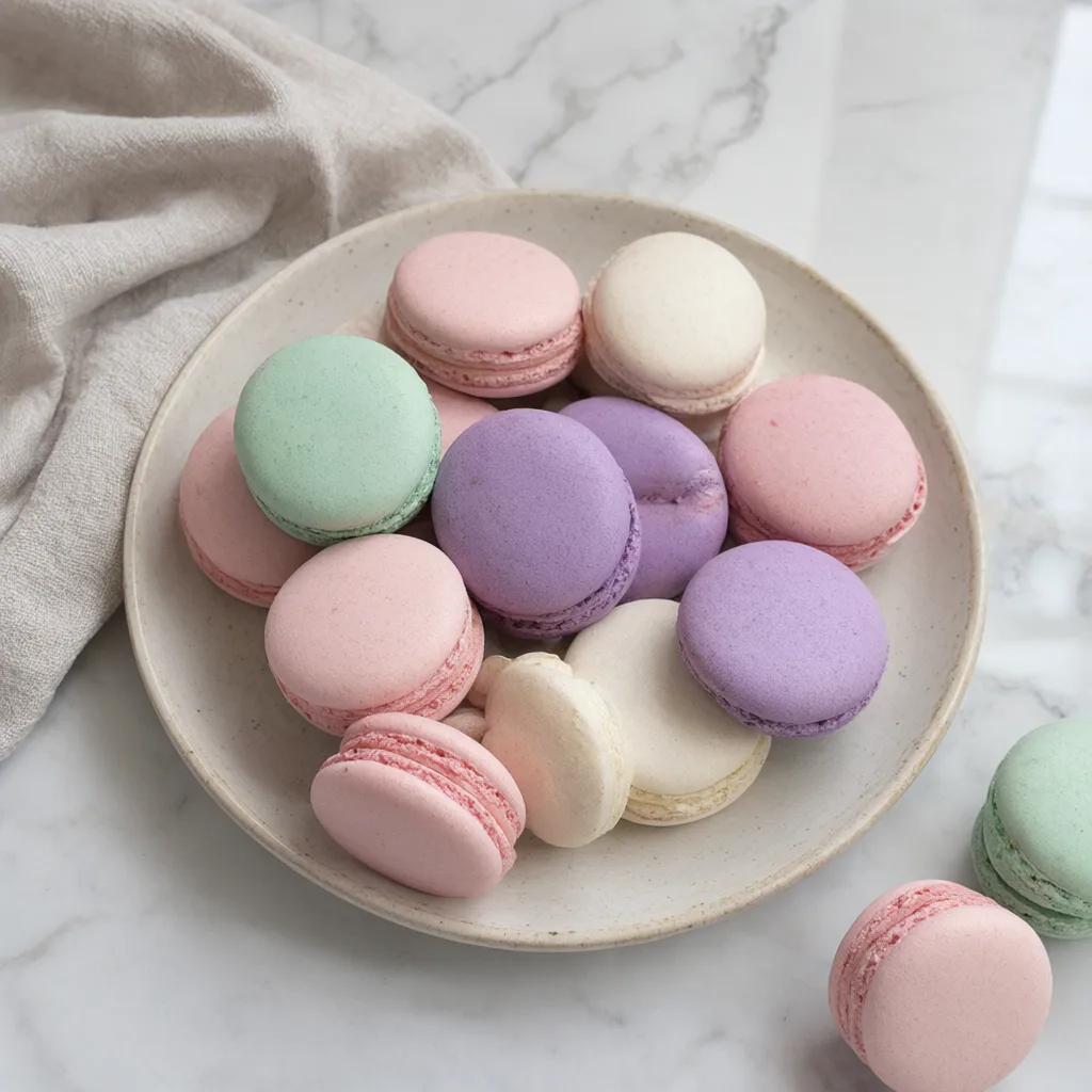 Pastel French macarons on a ceramic plate (AI-generated)