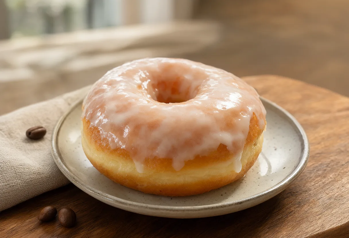 Glazed donut on a small ceramic plate with coffee beans (AI-generated)