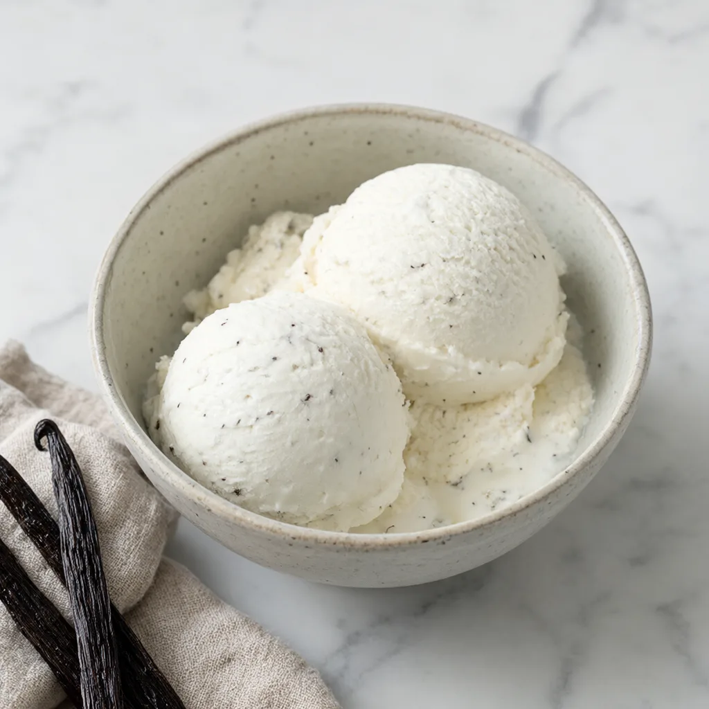 Vanilla ice cream scoops in a ceramic bowl (AI-generated)