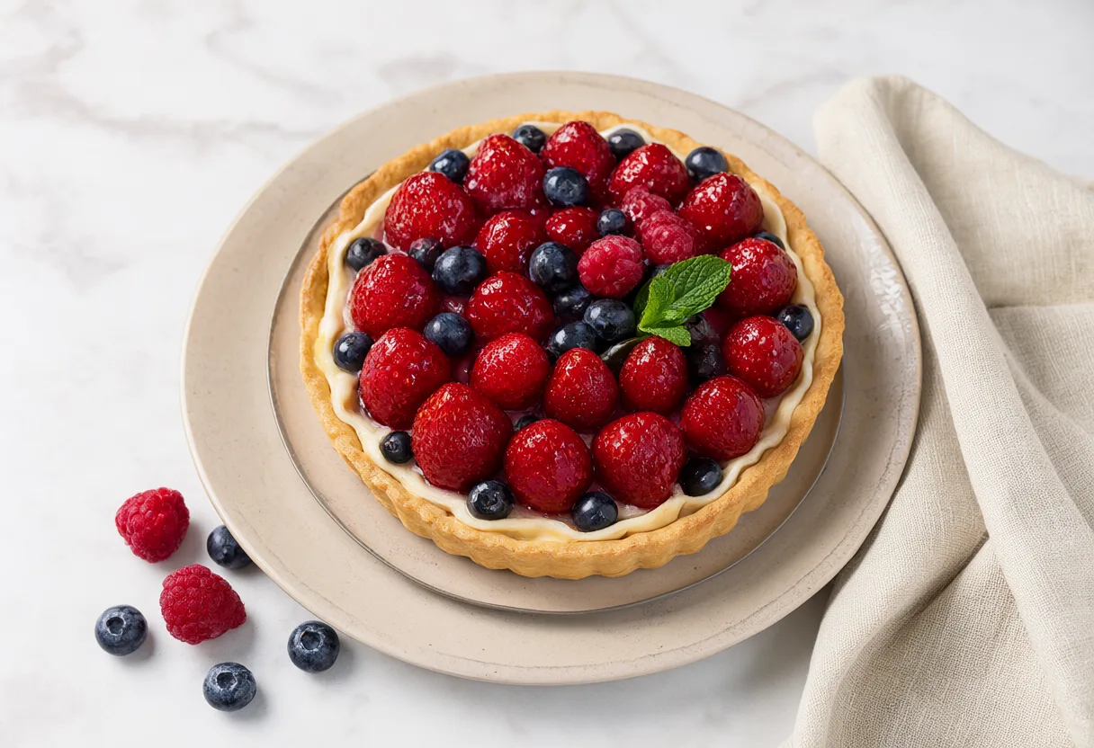 Fresh berry tart with strawberries, blueberries and raspberries (AI-generated)