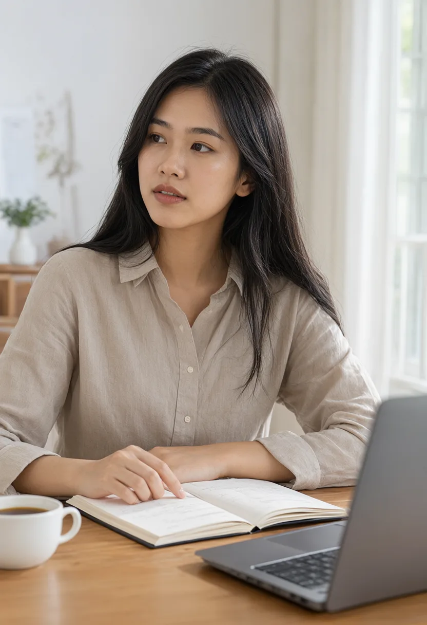 Young student studying with a laptop and notebook at a wooden desk (AI-generated)