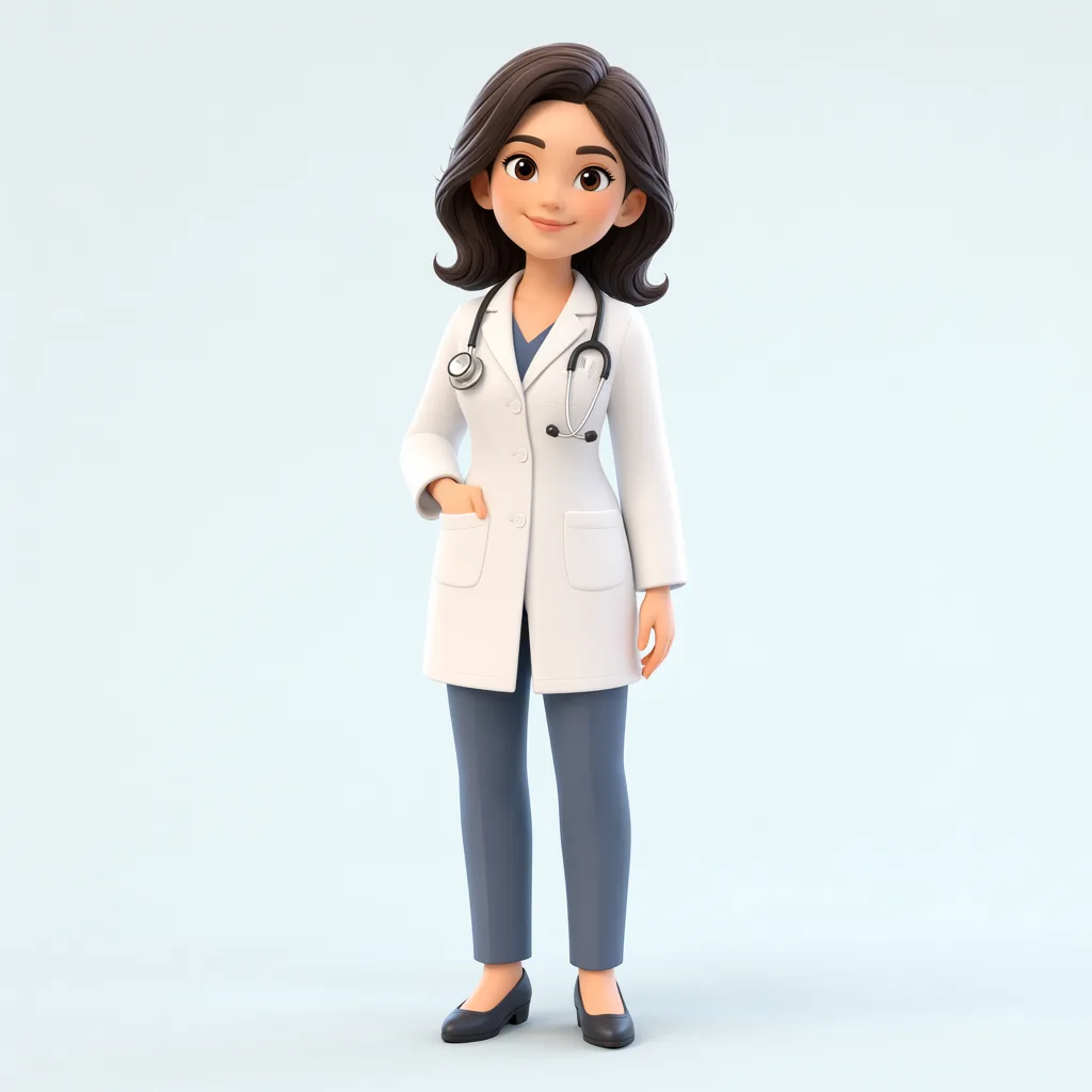 Friendly 3D female doctor character in a white coat (AI-generated)