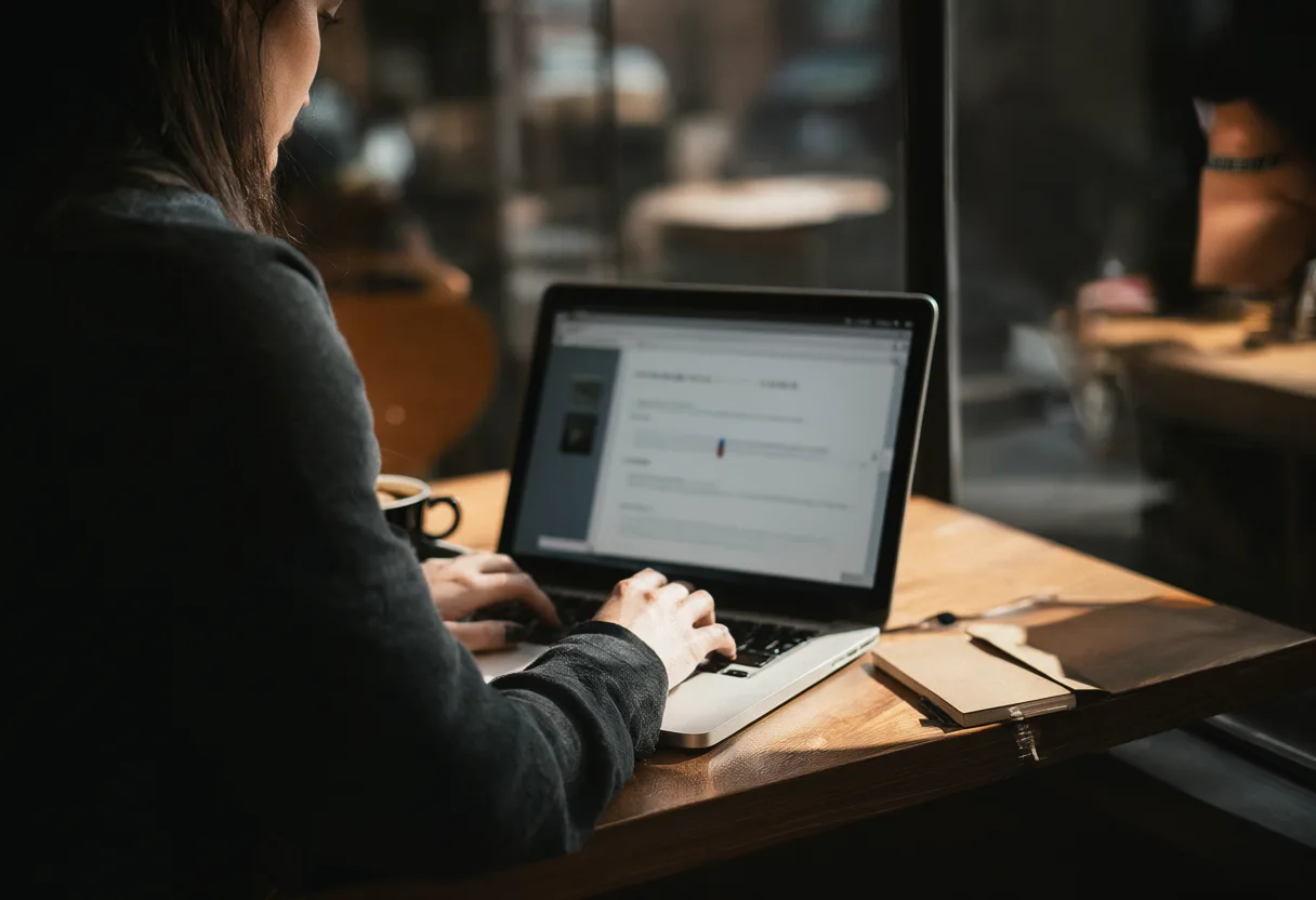 Freelancer working on a laptop at a café, seen from behind with hands out of frame (AI-generated)