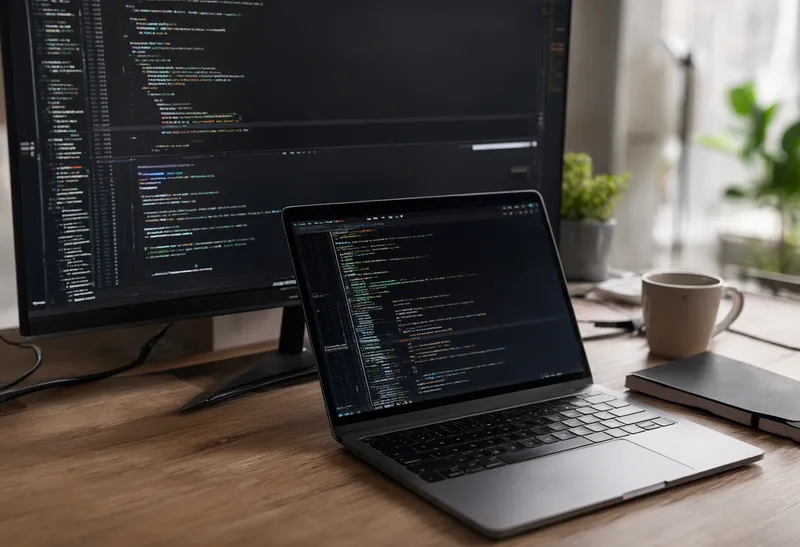 Developer workspace with a laptop showing code and a coffee cup (AI-generated)
