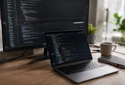 Modern Developer Workspace with Laptop and Code (AI-generated)