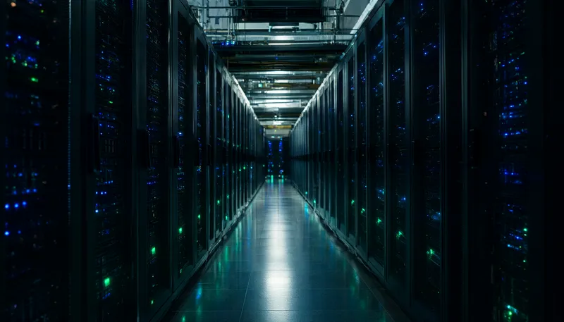 Modern data center aisle with glowing server racks (AI-generated)