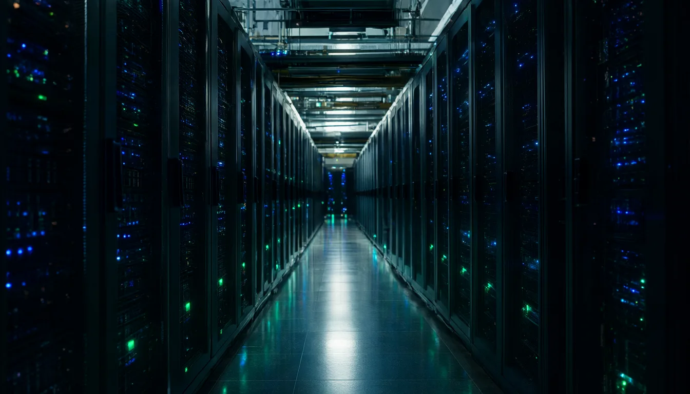 Modern data center aisle with glowing server racks (AI-generated)