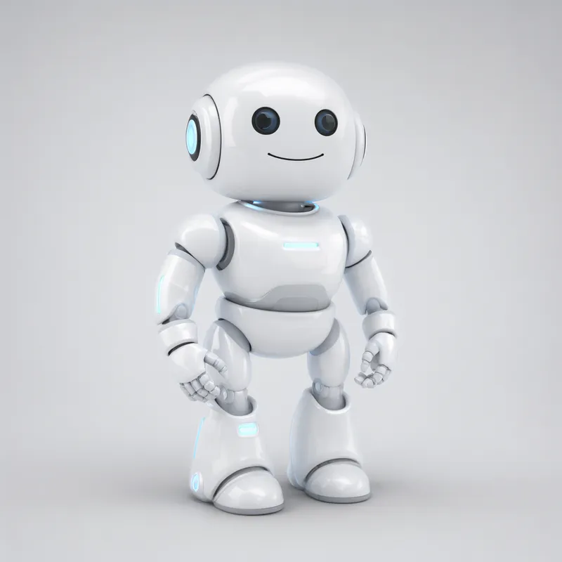Friendly white humanoid robot assistant in a studio (AI-generated)