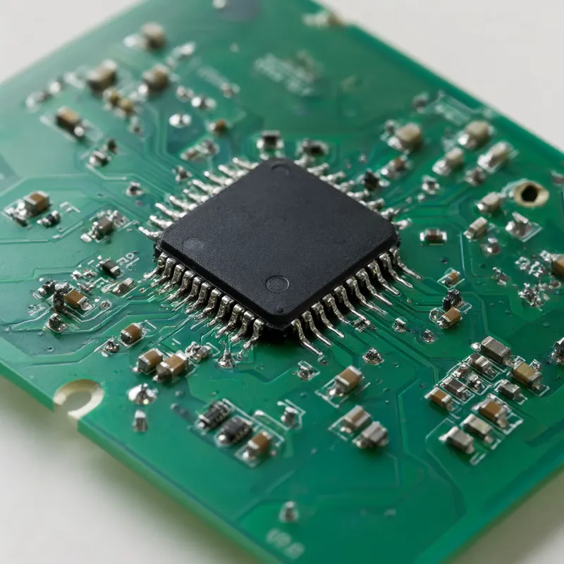 Realistic green PCB with surface-mount components and silver solder joints (AI-generated)