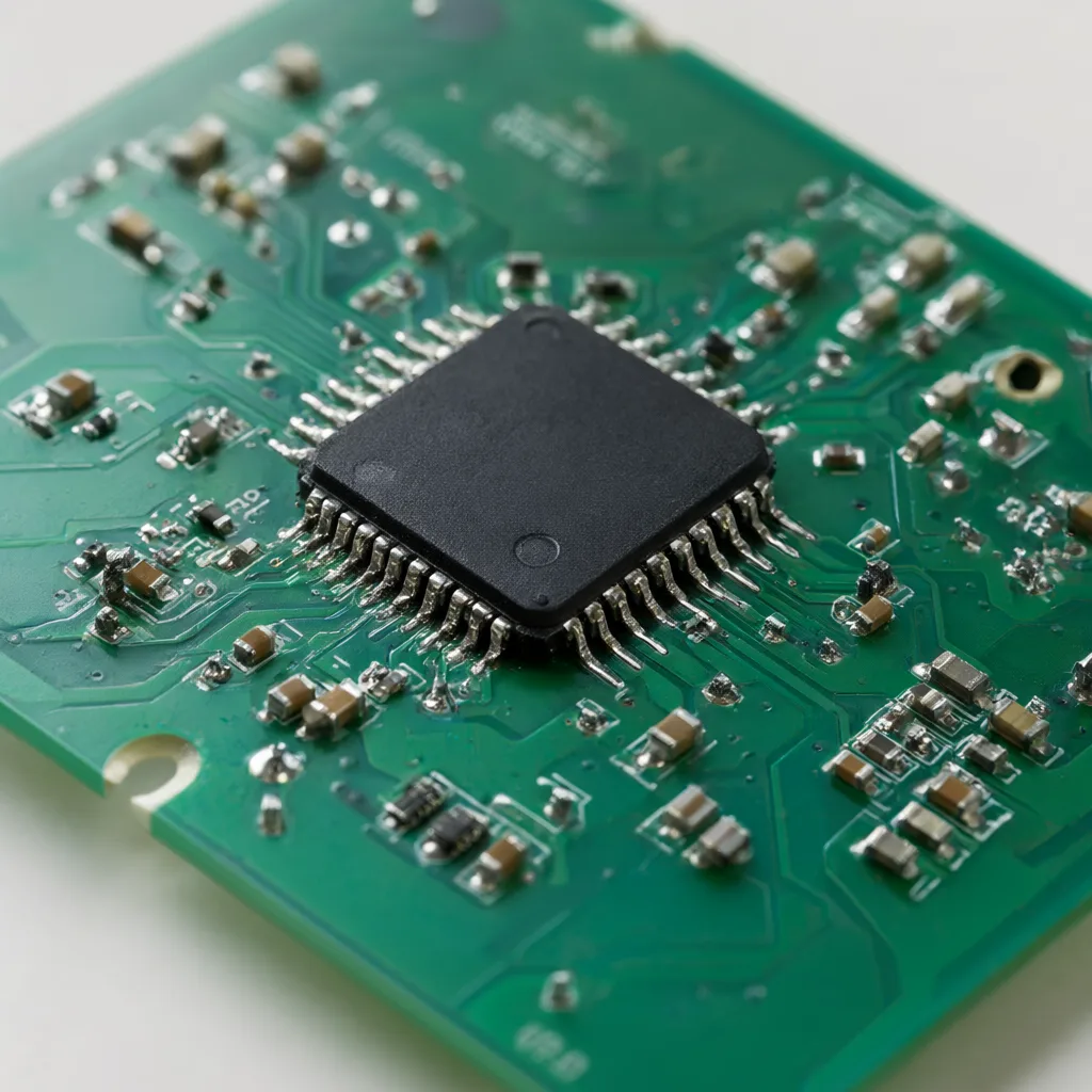 Realistic green PCB with surface-mount components and silver solder joints (AI-generated)