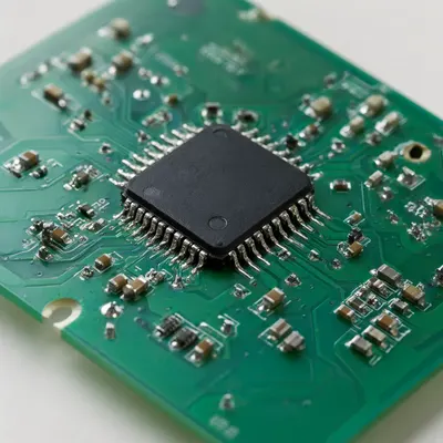แผงวงจร PCB สีเขียวพร้อมชิ้นส่วน SMD สมจริง (สร้างด้วย AI)