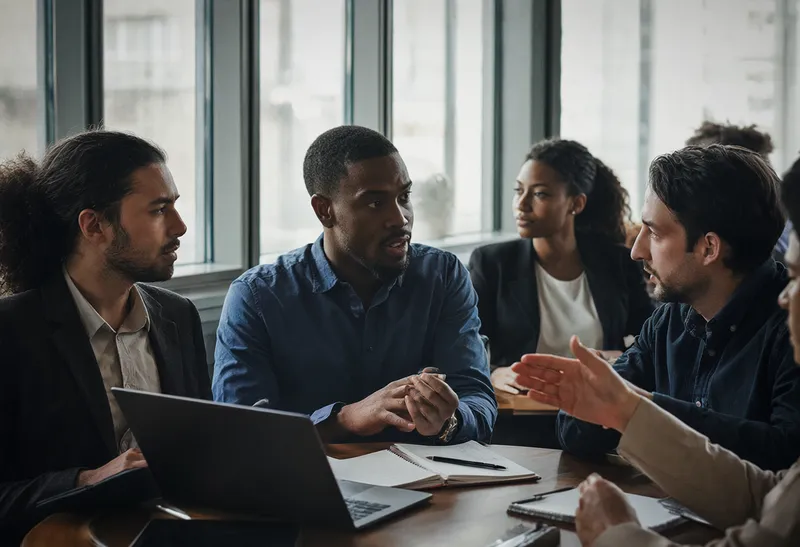 Diverse team collaborating around a table in a modern office (AI-generated)