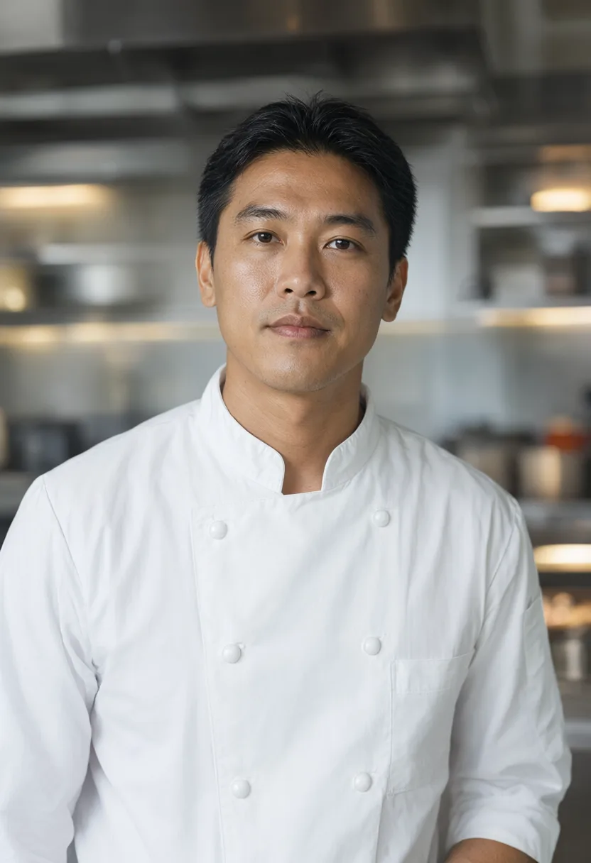 Professional chef in a white jacket in a modern kitchen (AI-generated)