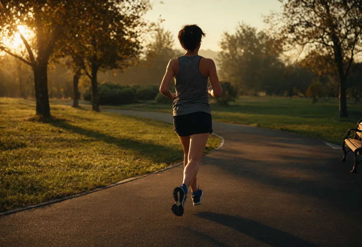 Jogger running along a park path at sunrise (AI-generated)
